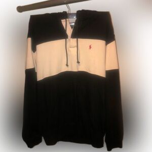 Vintage Polo Ralph Lauren Black & White Striped Hoodie Pullover Sz Large